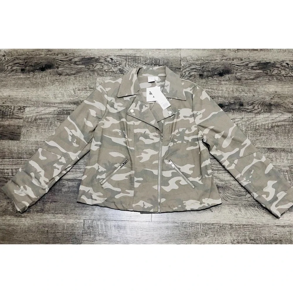 NWT Adyson Parker Camo Jacket Sz L Chest 40/42” Moto Jacket Womens Green Camo - Picture 1 of 6